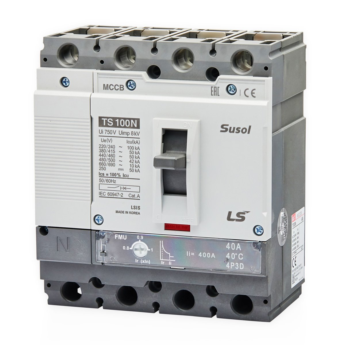 TS100N FMU 100A 4P3D L | LS Susol 50kA MCCB Fixed Magnetic Trip 80-100A 4 Pole — LS Electric
