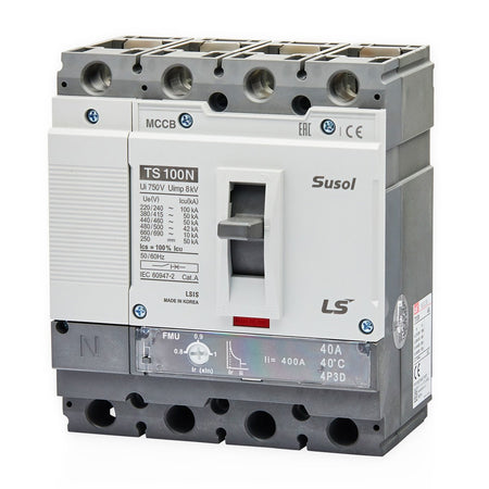 TS100N FMU 100A 4P3D L | LS Susol 50kA MCCB Fixed Magnetic Trip 80-100A 4 Pole — LS Electric