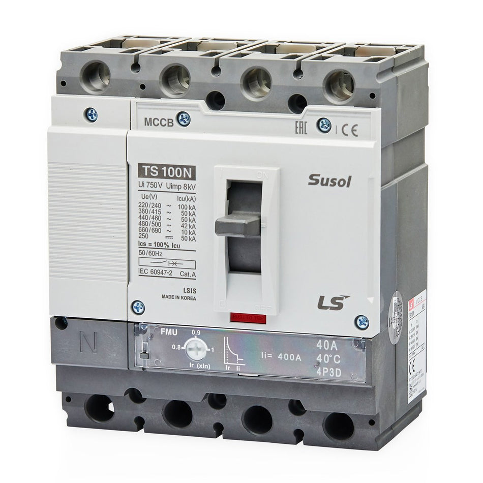 TS100N ETS 40A 4P R | LS Susol 50kA MCCB Electronic Adjustable Trip 16-40A 4 Pole — LS Electric