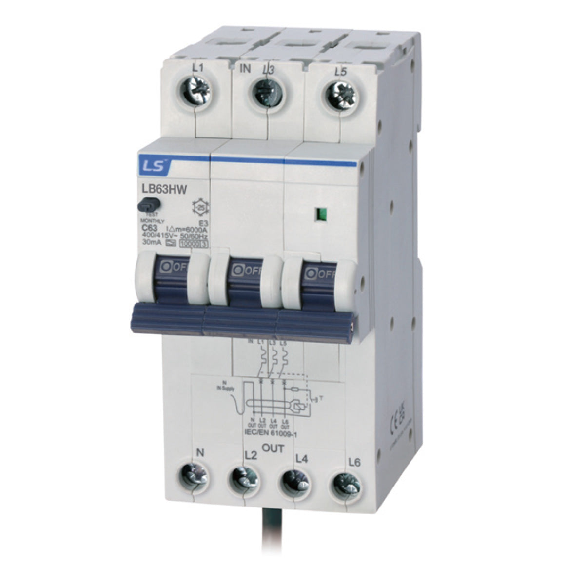 LB63HW 3P+N C16 30mA A-TYPE | RCBO 16A 3P+N 10kA C Curve — LS Electric
